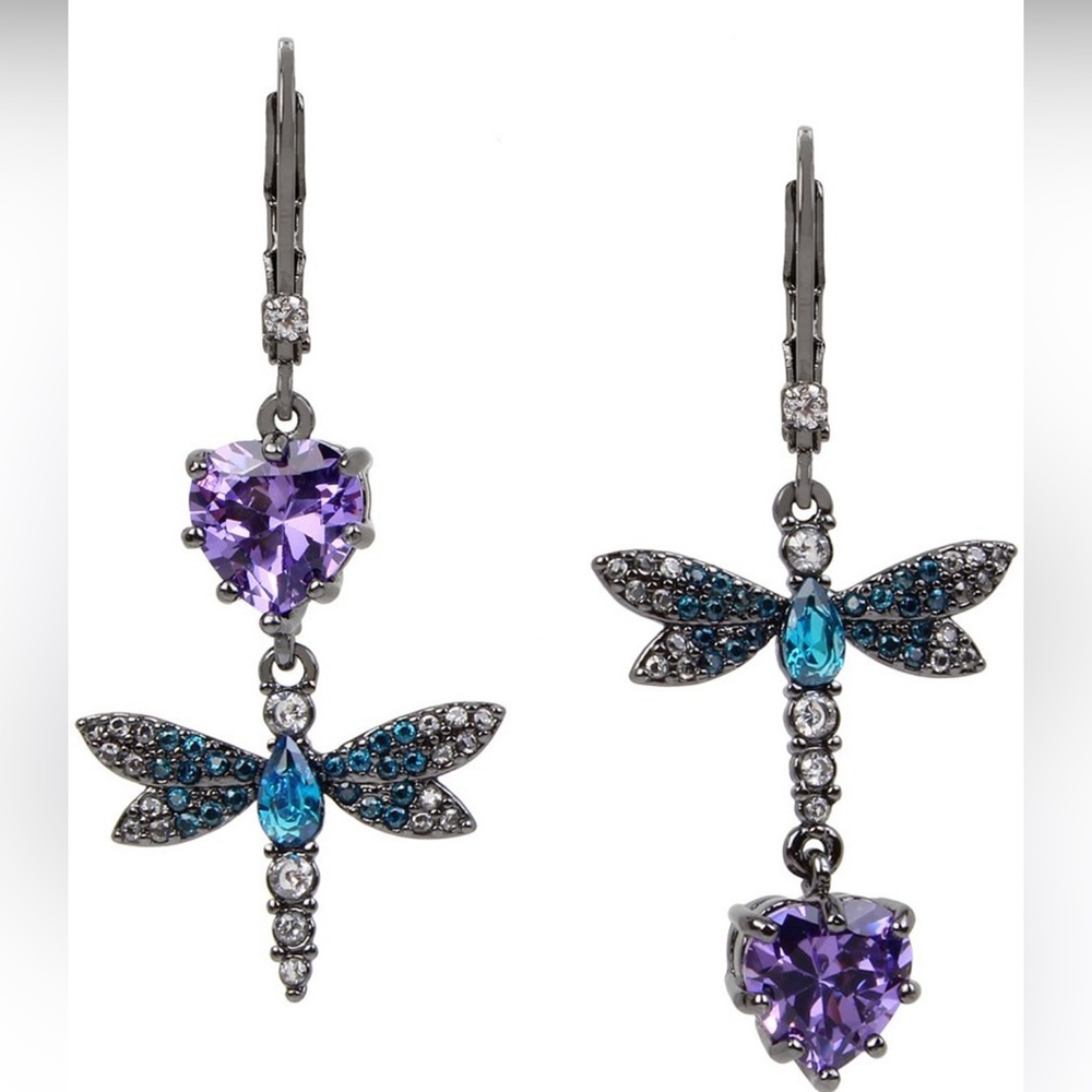 Betsey Johnson Cubic Zirconia Dragonfly Double-Drop Mismatch Earrings